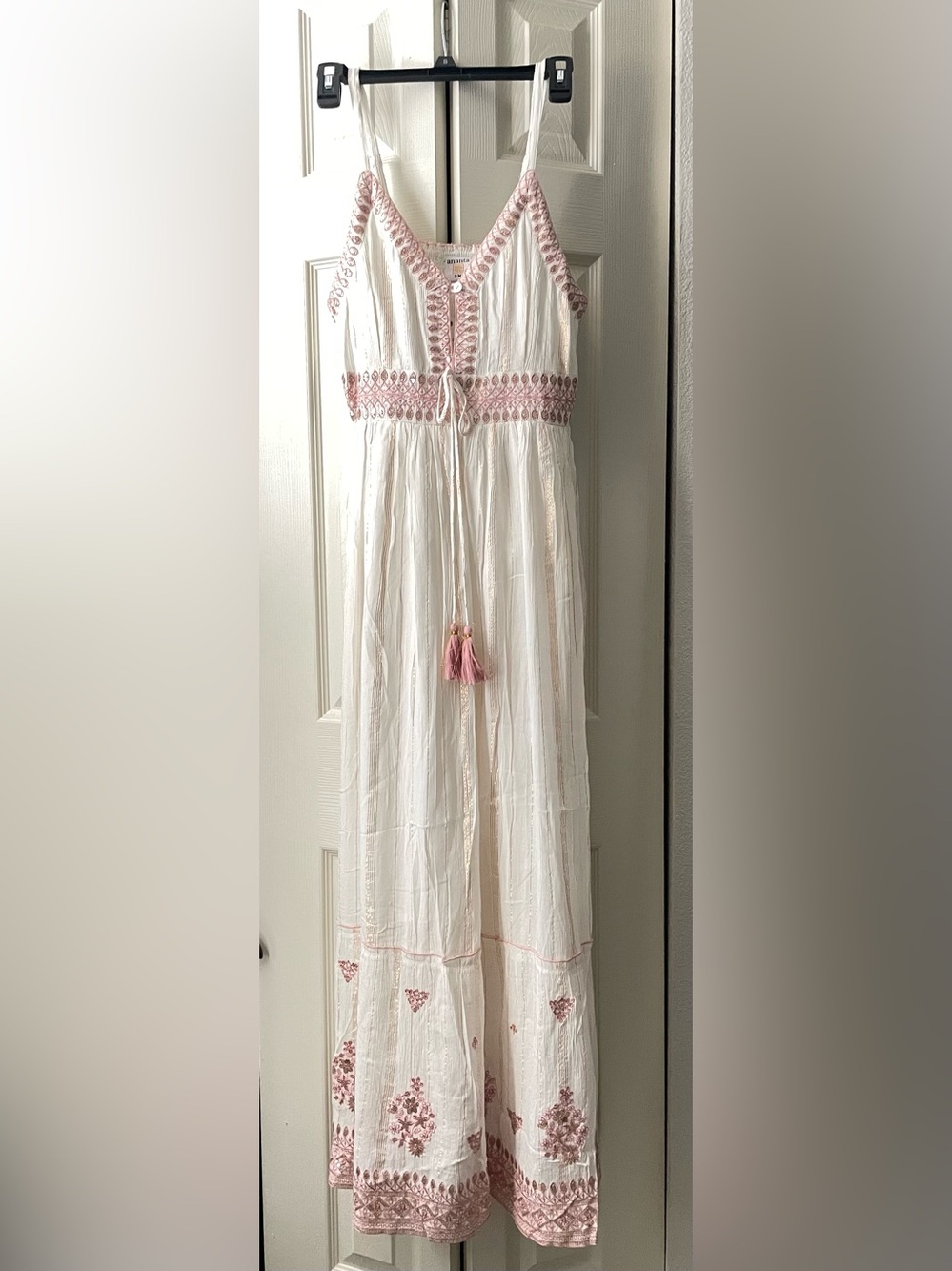 Ivory Boho Maxi Dress with Pink Embroidered Trim